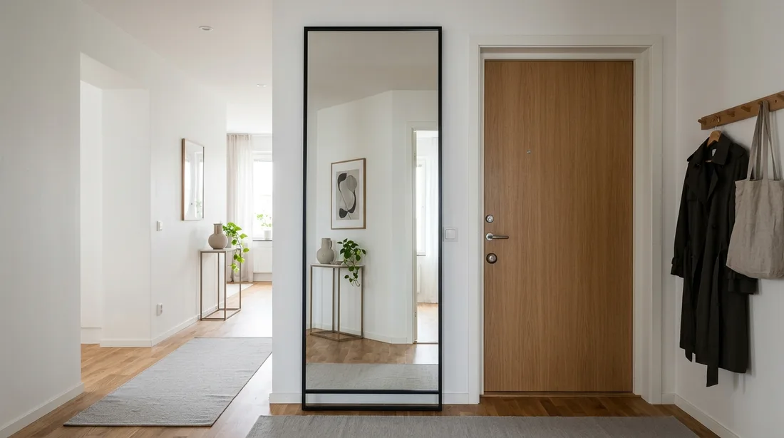 Heller Flur mit einem hohen Ganzkörperspiegel neben der Wohnungstür